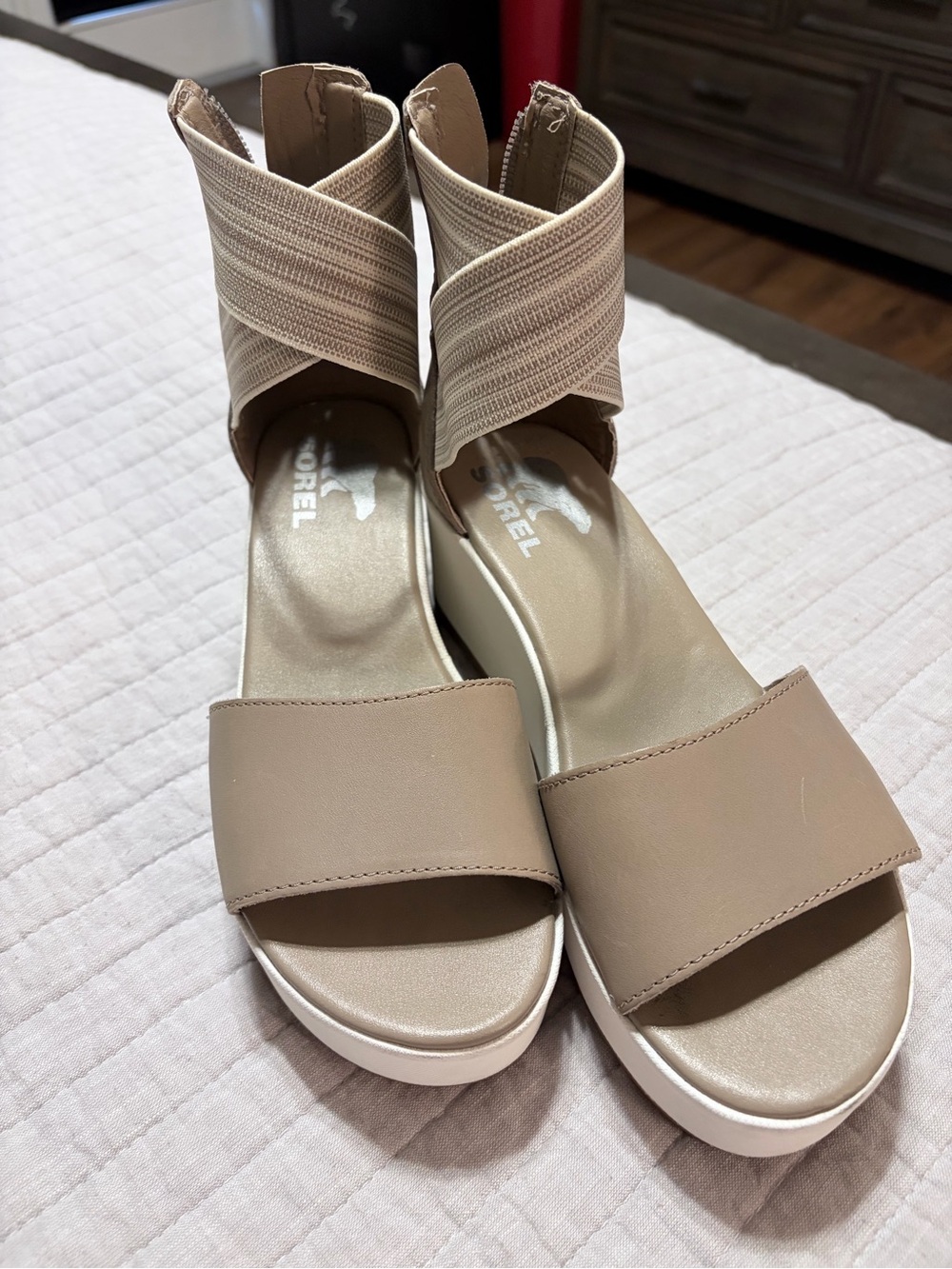 Sorel Beige Elastic Strap Wedge Sandals